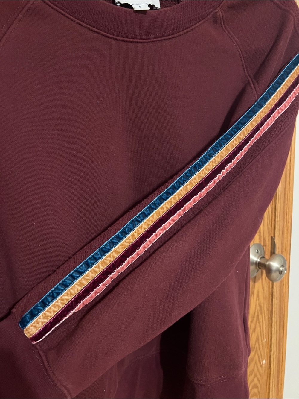 Evereve Women's Burgundy Crewneck Sweater with Velvet Stripe Detail - Picture 3 of 3